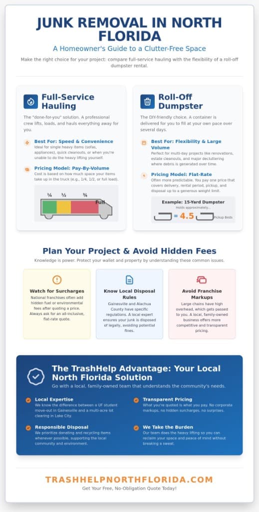 Infographic: Junk removal in Suwannee and Columbia Counties—full-service hauling vs. roll-off dumpster, planning tips, and the TrashHelp advantage.
